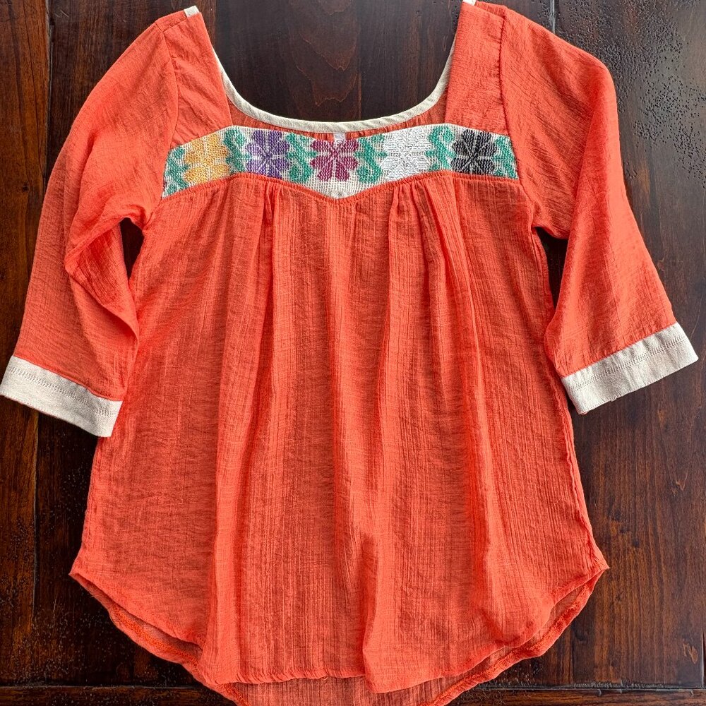 Oaxaca Artisan Blouse Small | Handwoven Embroidered Top Coral Orange | Mexico